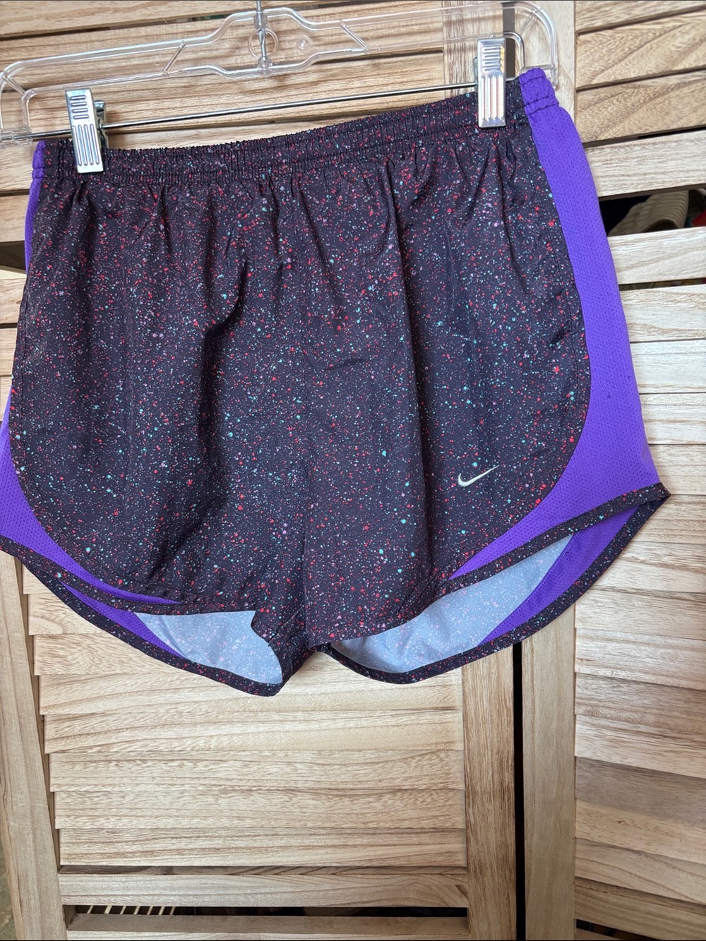 Nike Women's Black Speckled Running Shorts with Purple Panels Small